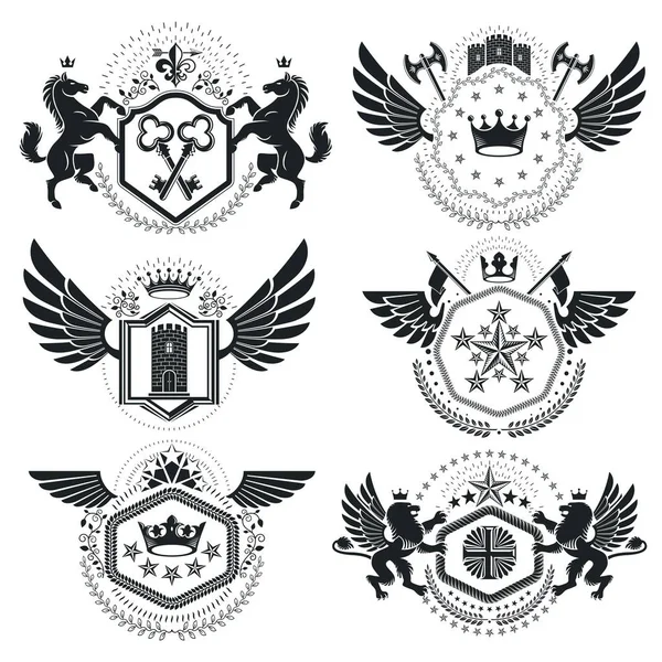 Escudo Armas Heráldico Emblemas Vectoriales Vintage Elegante Colección Ilustraciones Simbólicas — Vector de stock