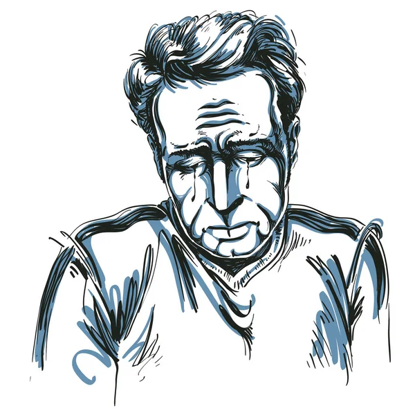 Vektör çizim depresif adam hakkında bir şey acıyarak ağlamaya. Siyah beyaz portre sıkıntılı bir adam. 