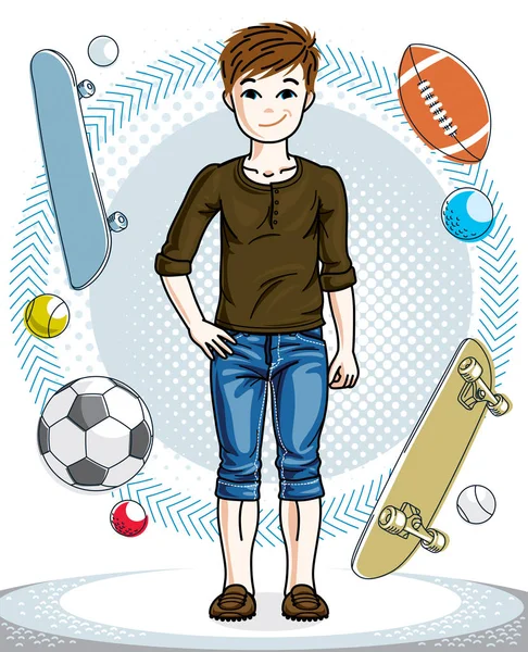 Sweet Little Boy Young Teen Standing Wearing Casual Clothes Vector — Stock Vector