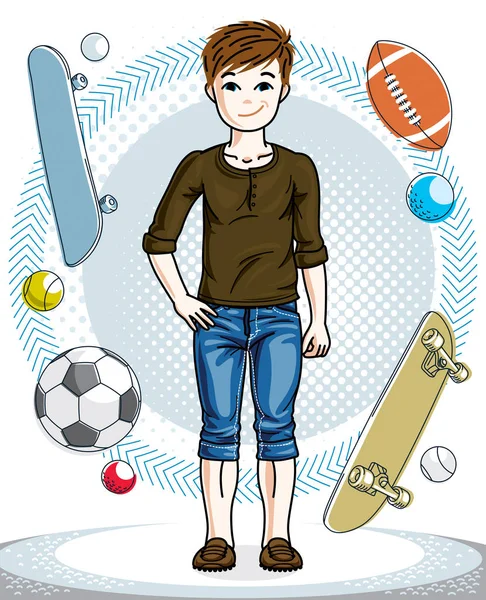 Dulce Niño Joven Adolescente Pie Con Ropa Casual Ilustración Humana — Vector de stock