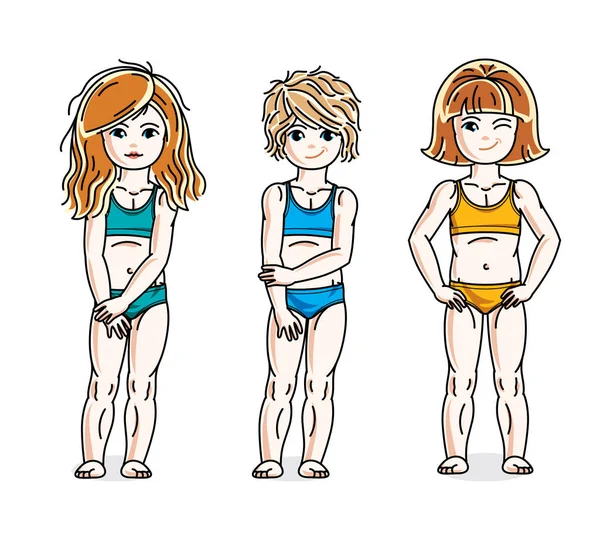 Küçük Kızlar Sevimli Çocuk Grubu Ayakta Renkli Bikini Vektör Çocuklar — Stok Vektör