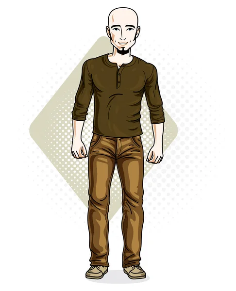 ハンサムなハゲ若い男は立っています スタイリッシュなカジュアルな服を身に着けているひげを持つ男のベクトル イラスト — ストックベクタ