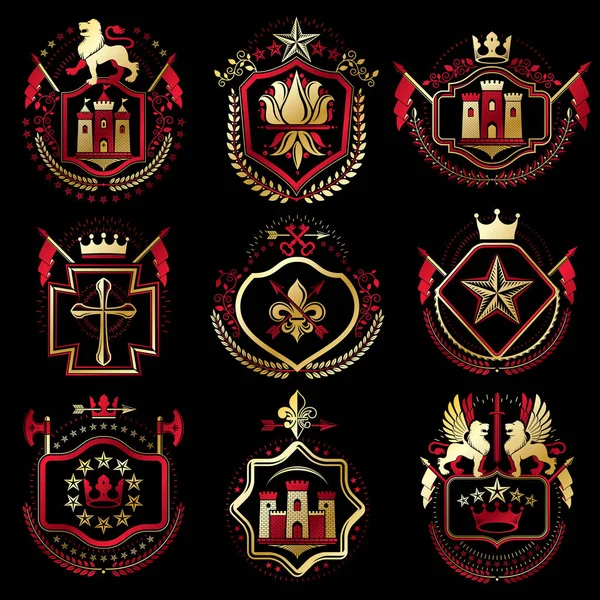 Set Van Vector Vintage Elementen Heraldiek Etiketten Gestileerd Retro Design — Stockvector