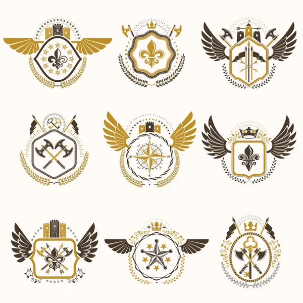 Conjunto Emblemas Vectoriales Vintage Creados Con Elementos Decorativos Como Coronas — Vector de stock