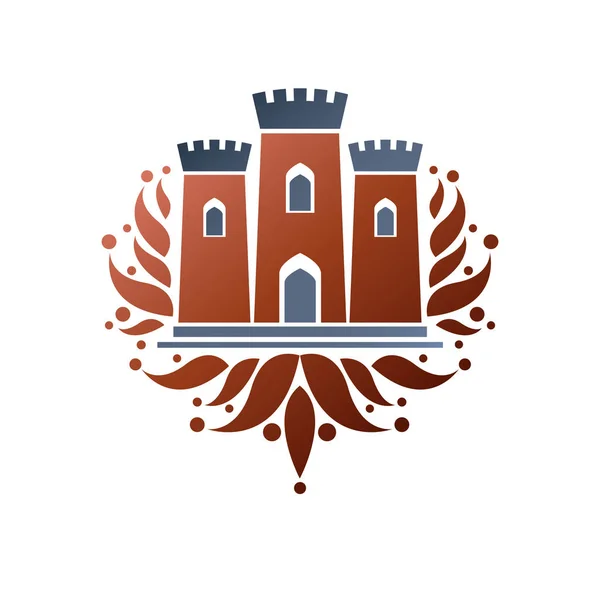 紋章紋章付き外衣 ビンテージ ベクトルの図 分離の白い背景の上の古いスタイルのアンティークの要塞のロゴ — ストックベクタ