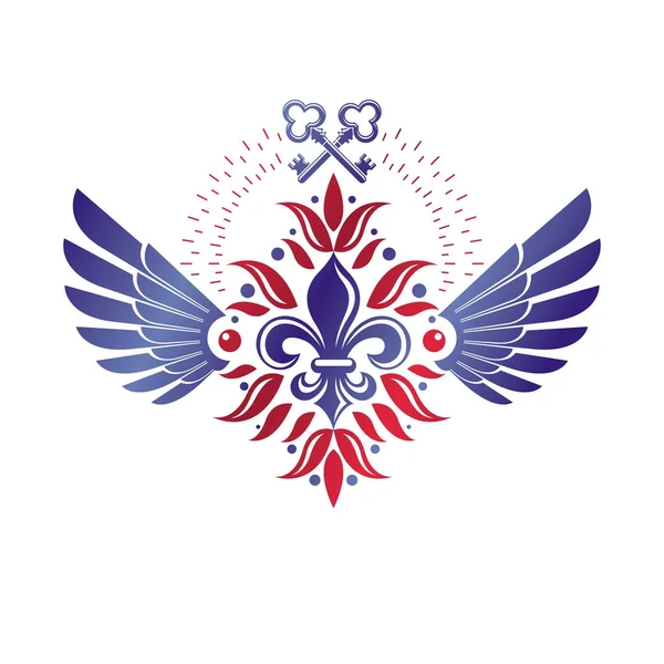 Vintage hanedan vektör Insignia lily çiçek sembolü ve güvenlik tuşları ile oluşur. Kraliyet Muhafızı Tema illüstrasyon, kanatlı tasarım öğesi.