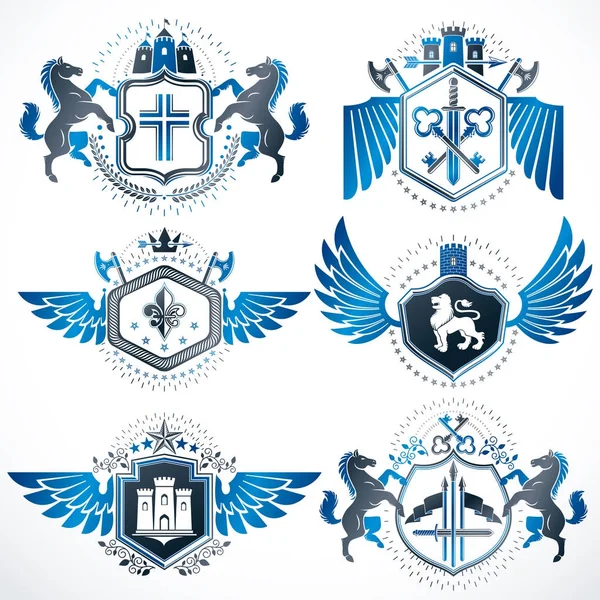 紋章のベクトル記号ヴィンテージの要素 君主の王冠 宗教的な十字 武器庫 動物飾られています 鳥の翼を持つ上品な象徴的なグラフィック徽章をセットします — ストックベクタ