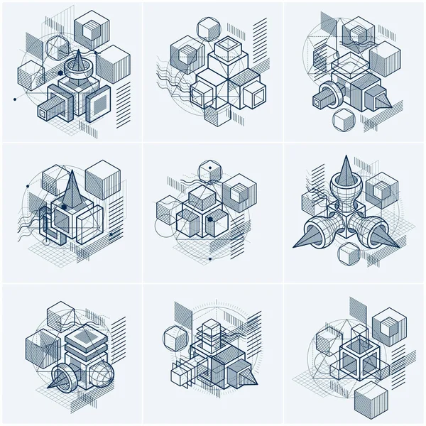 Fond Vectoriel Abstrait Avec Des Lignes Des Formes Isométriques Cubes — Image vectorielle