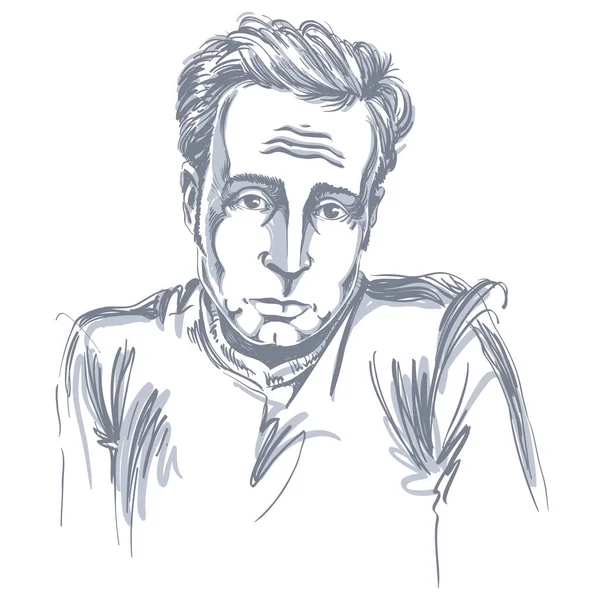 Sanatsal çizilmiş vektör görüntü, siyah ve beyaz kabahatli ve pişman adam portresi. Duygular Tema illüstrasyon.