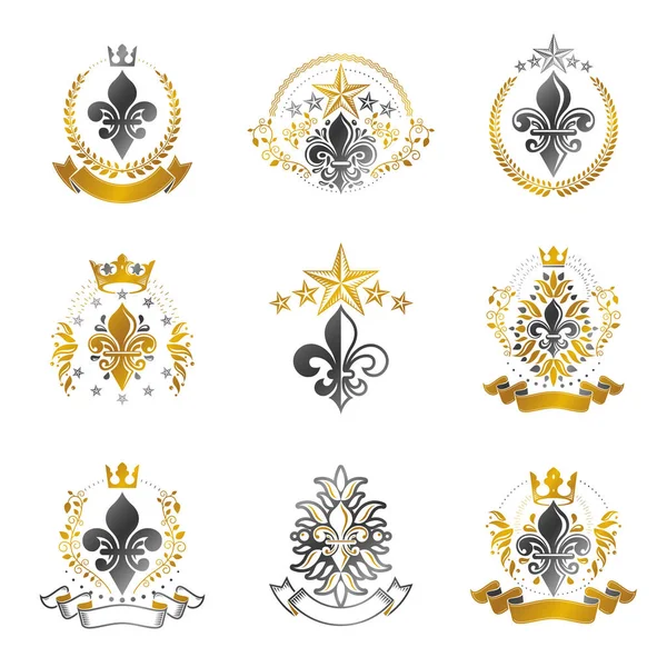 Kraliyet sembolleri, Lily Flowers amblemleri. Heraldik vektör tasarım elemanları koleksiyonu. Retro biçim etiketi, heraldry logosu.