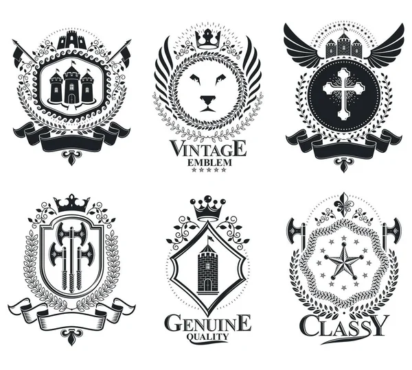 Klassiska Emblem Vektor Heraldisk Vapensköld Vintage Design Element Samling — Stock vektor