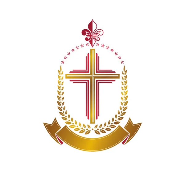Christian Cross Dekoratif Altın Amblem Hanedan Vektör Tasarım Öğesi Defne — Stok Vektör