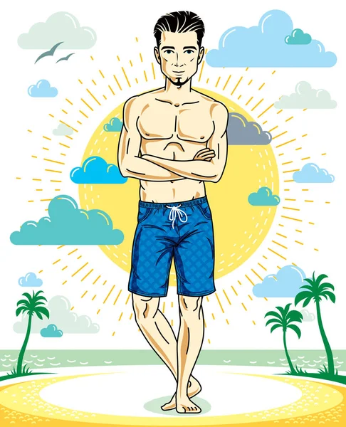 Pohledný Brunet Mladý Muž Plnovousem Stojí Tropické Pláži Šortkách Vektorové — Stockový vektor