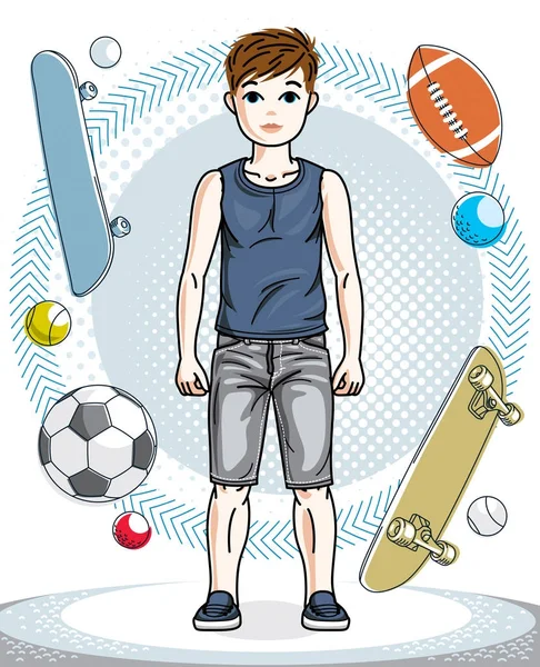 Pretty Child Boy Standing Wearing Casual Clothes Vector Human Illustration — Stock Vector