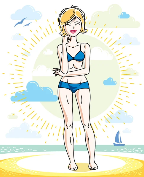 Mulher Loira Jovem Atraente Posando Praia Tropical Vestindo Biquíni Azul — Vetor de Stock