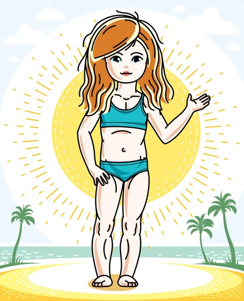 Beautiful Little Red Haired Girl Posing Tropical Beach Palms Vector — Stock Vector