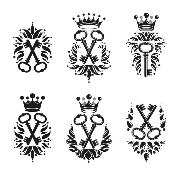 Ancient Keys Emblems Set Heraldic Coat Arms Decorative Logos Isolated — Stock Vector