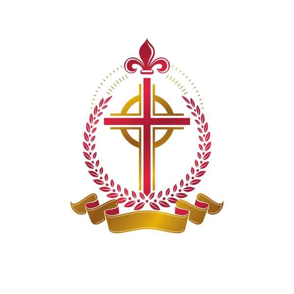 Christian Cross Decorative Golden Emblem Heraldic Vector Design Element Composed — Stock Vector
