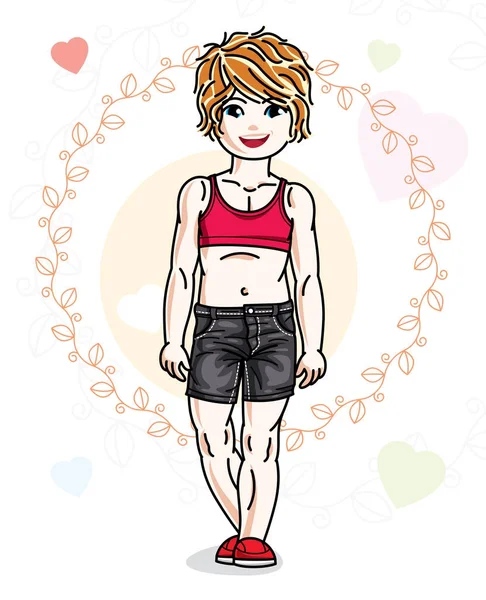 Moda rahat kıyafetler yürekleri renkli zemin üzerinde duran sevimli küçük Kızıl saçlı kız. Vektör illüstrasyon insan.