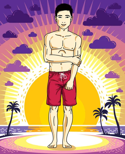 Pohledný Brunet Mladý Muž Stojí Šortkách Západ Slunce Tropické Pláže — Stockový vektor