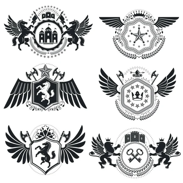 Escudo Armas Heráldico Emblemas Vectoriales Vintage Elegante Colección Ilustraciones Simbólicas — Archivo Imágenes Vectoriales