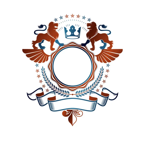 Emblème Graphique Avec Élément Animal Héraldique Lion Couronne Royale Blason — Image vectorielle