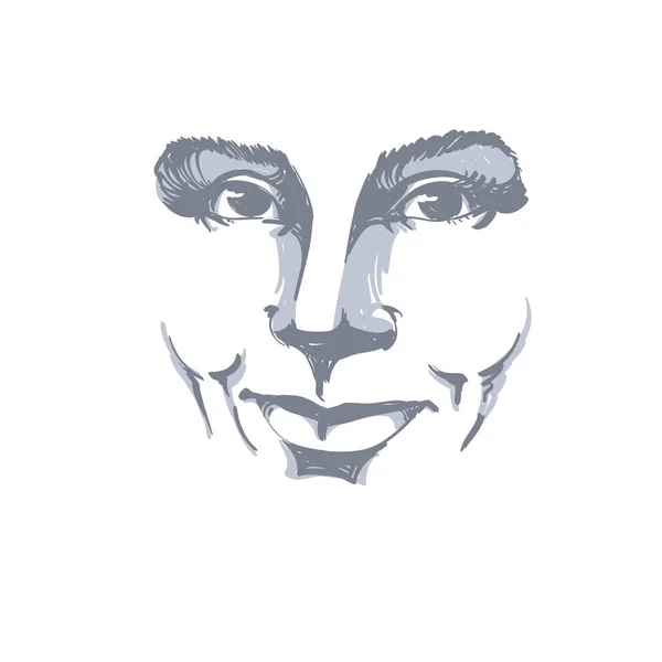 顔の表情 肯定的な感情表現と微笑んでいる女の子の顔のイラストを手描き 女性の顔の美しい特徴 — ストックベクタ