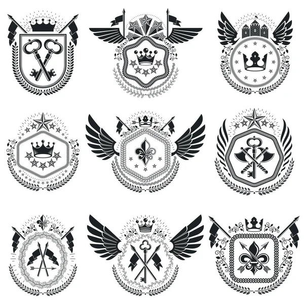 Hanedan Amblemler izole vektörel çizimler. Vintage tarzı sembollerde topluluğu.
