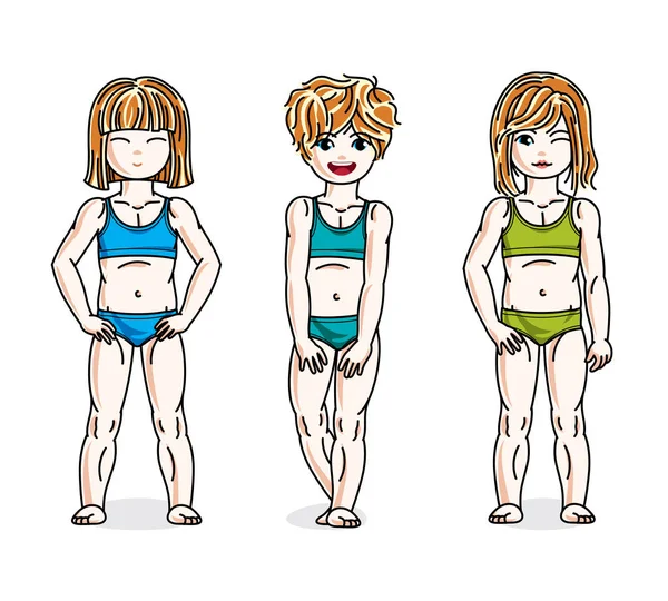 Mooie Kleine Meisjes Staande Dragen Kleurrijke Bikini Vector Diversiteit Kinderen — Stockvector