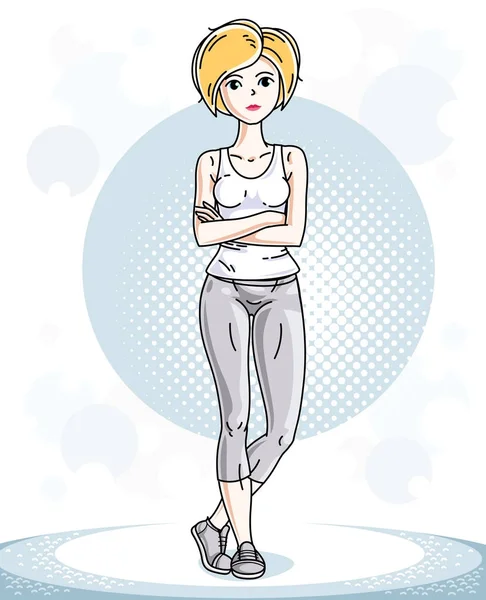 Jeune Belle Femme Blonde Sportive Debout Personnage Vectoriel Portant Leggings — Image vectorielle