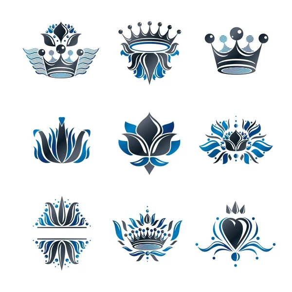 Royal Symbols Flowers Floral Crowns Emblems Set Heraldic Vector Design — Stock Vector