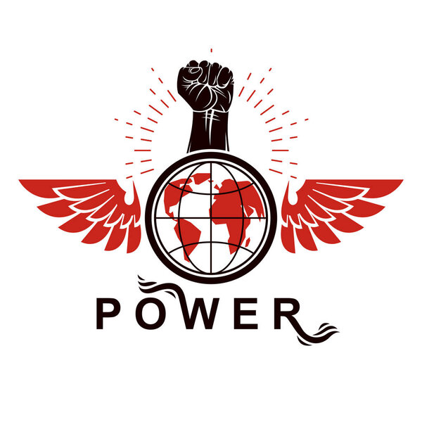 Крылатая векторная эмблема, составленная с поднятым кулаком, держащим символ планеты Земля. Концепция человеческого развития, свобода личности
.