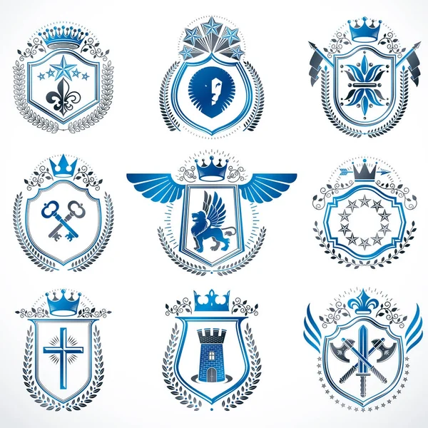 Conjunto Emblemas Vectoriales Vintage Creados Con Elementos Decorativos Como Coronas — Archivo Imágenes Vectoriales