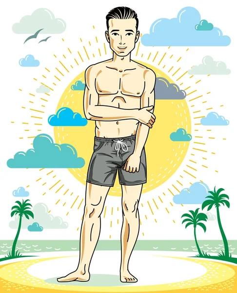 Pohledný Brunet Mladý Muž Tropické Pláži Šortkách Sportovní Mužské Ilustrace — Stockový vektor
