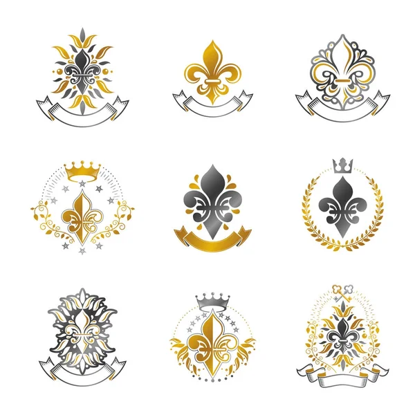 Kraliyet sembolleri, Lily Flowers amblemleri. Heraldik vektör tasarım elemanları koleksiyonu. Retro biçim etiketi, heraldry logosu.