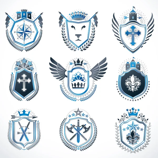 Conjunto Emblemas Vintage Vetoriais Criados Com Elementos Decorativos Como Coroas —  Vetores de Stock