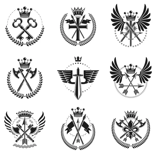 Conjunto Emblemas Armas Vintage Heráldica Signos Vector Colección Elementos Vintage — Archivo Imágenes Vectoriales