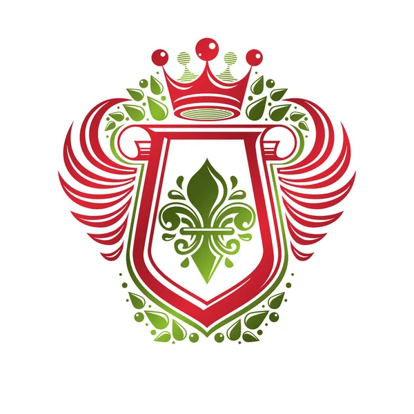 老式的纹章徽章用君主冠和莉莉花皇室标志 生态友好的产品符号 国王质量主题图中 创建与雕饰的翅的保护盾 — 图库矢量图片