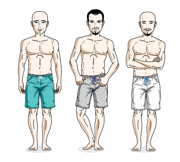 Handsome Men Standing Wearing Beach Shorts Vector People Illustrations Set — Stock Vector