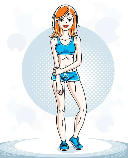 Young Beautiful Red Haired Sporty Woman Standing Vector Character Wearing — Stock Vector
