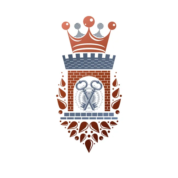 紋章のベクター デザイン要素 レトロなスタイルのラベル 紋章の図 分離の白い背景の上のアンティークの要塞ロゴタイプ — ストックベクタ