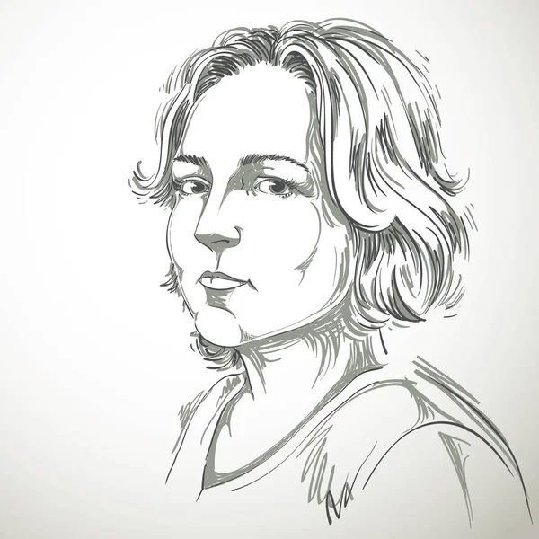 Hand Drawn Portrait White Skin Pensive Woman Short Hair Face — Stock Vector