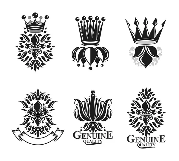 Королевские Символы Лили Цветы Цветы Короны Эмблемы Набор Коллекция Геральдических — стоковый вектор