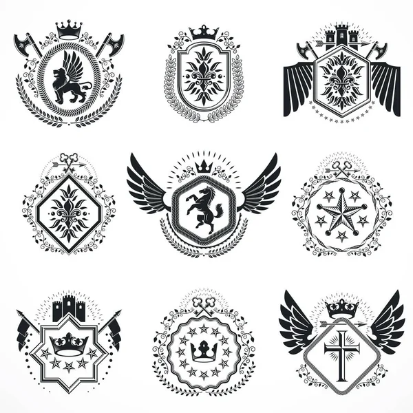 Emblemas Vintage Diseños Vectoriales Heráldicos Colección Escudo Armas Conjunto Vectores — Archivo Imágenes Vectoriales