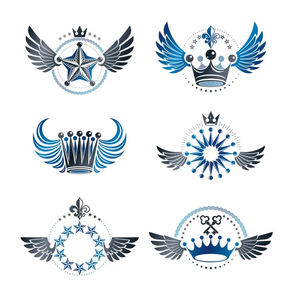 Conjunto Emblemas Coronas Reales Estrellas Antiguas Escudo Heráldico Logotipos Decorativos — Archivo Imágenes Vectoriales