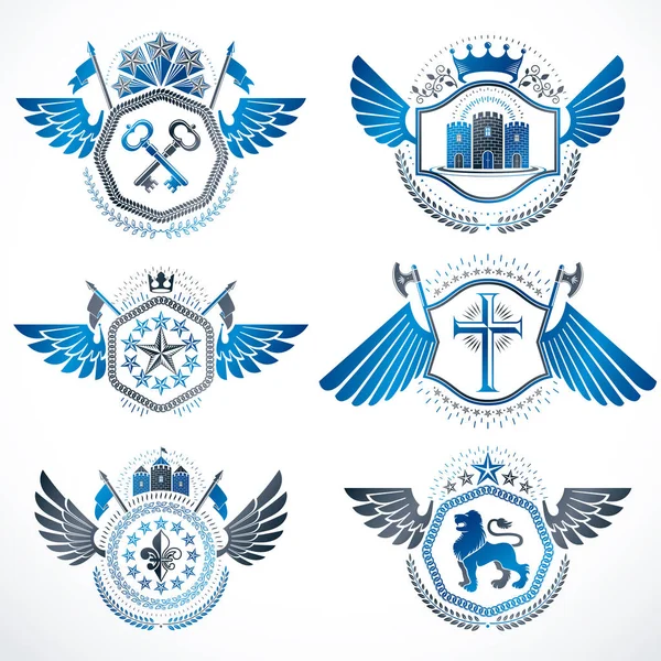 Emblemas Heráldicos Con Alas Aisladas Sobre Fondo Blanco Colección Símbolos — Archivo Imágenes Vectoriales