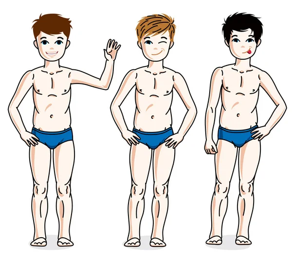 Şirin mutlu genç genç erkek poz iç çamaşırı mavi. Vektör çeşitlilik çocuklar illüstrasyonlar set.