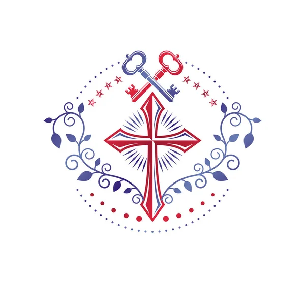 Christian Cross Decoratieve Embleem Samengesteld Met Beveiligingssleutels Heraldische Vector Ontwerpelement — Stockvector