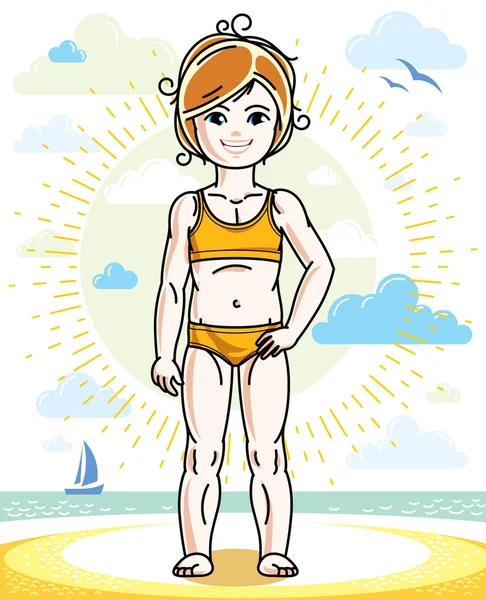 Happy Little Red Haired Girl Posing Sunny Beach Wearing Bright — Stock Vector