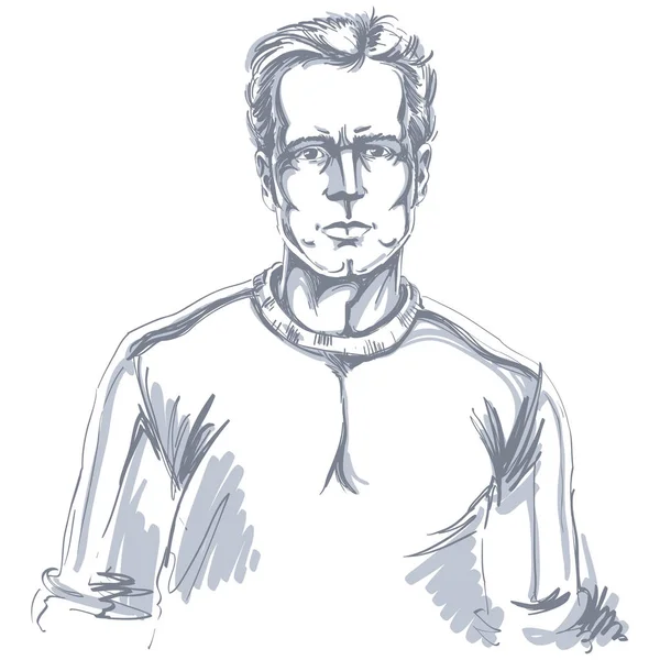 Handgezeichnetes Porträt Eines Selbstbewussten Ruhigen Mannes Mit Weißer Haut Das — Stockvektor